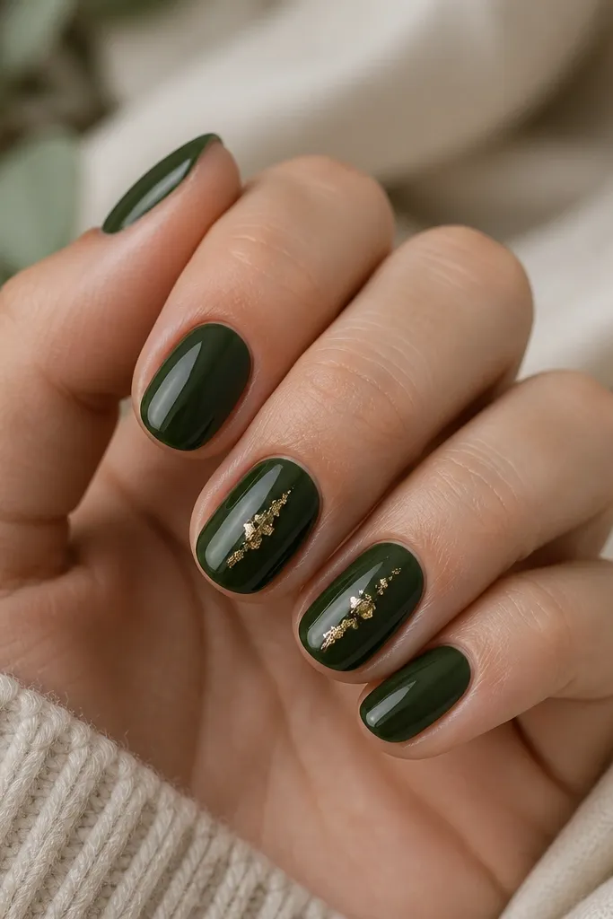 Short forest green nails with a glossy finish. Two nails show gold leaf pieces placed in a controlled area near the center, with negative space around it so the leaf looks airy.