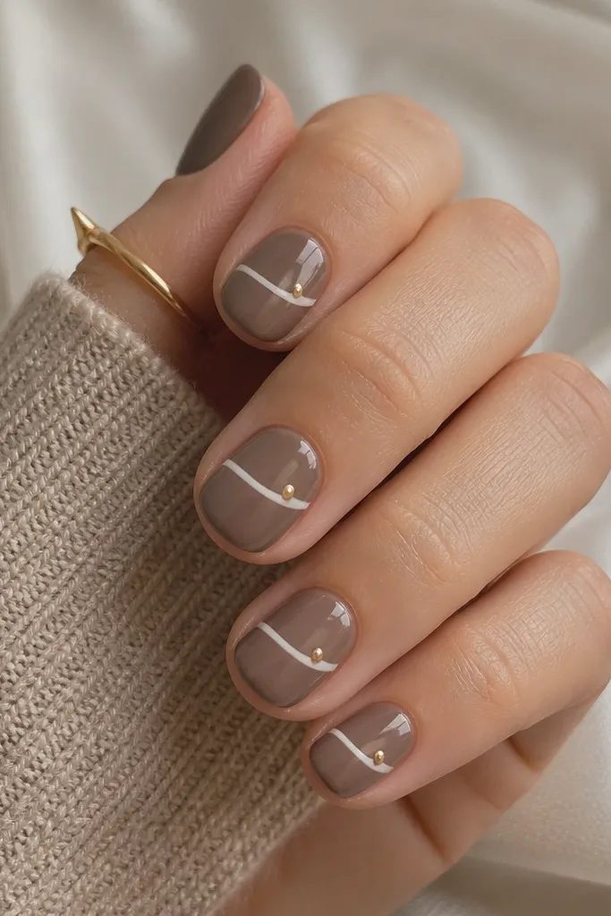 Short deep taupe nails. Each nail has a thin white ribbon-like curved line across the middle, plus one small gold dot near the line, all glossy.