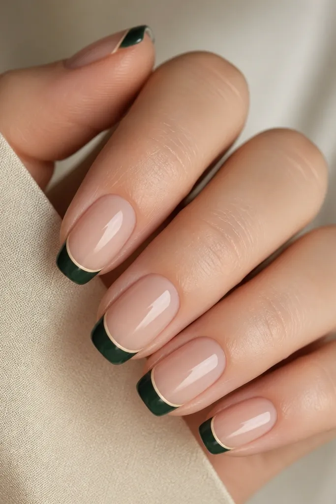 A set of medium squoval nails. The tips are painted a deep evergreen green. Right at the edge of the French line there is a thin cream outline like a double border. The rest of the nail is sheer nude, and the top coat is glossy.