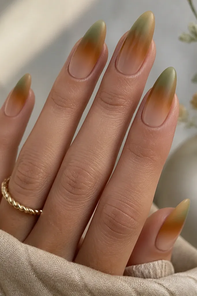 Long almond nails with a smooth gradient. The cuticle is mossy green, blending into a warm caramel-brown mid-nail and fading back to a soft nude at the tip. The finish looks slightly velvety, not fully mirror-gloss.
