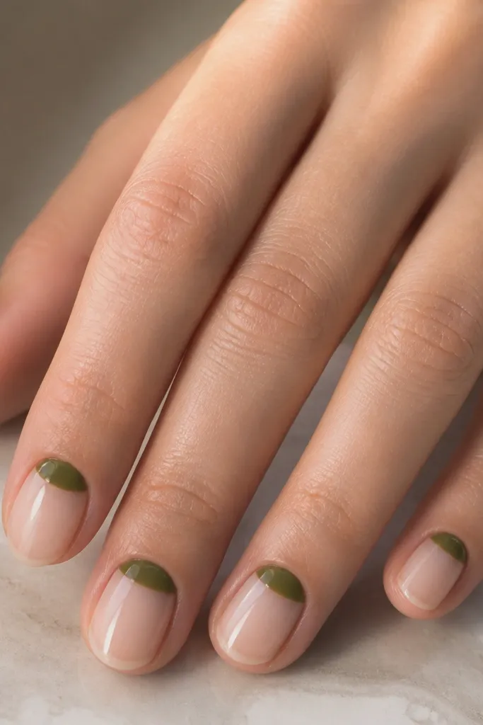 Short rounded nails with nude sheer bases. Each nail has an olive green half-moon shape near the cuticle, leaving the rest of the nail bare and sheer. The green edges are crisp, and everything is glossy.