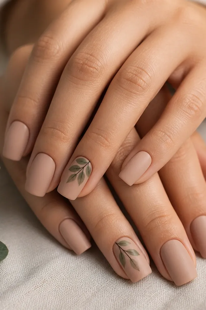 Medium squoval nails with a matte nude base on most nails. Two accent nails have hunter green leaves painted near the cuticle with thin dark-brown veins. One nail has a small leaf cluster, and the rest stay plain matte.