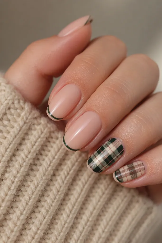 Nails in a sheer nude base. Most nails are plain with a thin deep pine stripe near the tip. Two accent nails have a plaid pattern in deep pine green, cream, and muted cocoa, with crisp lines forming squares.