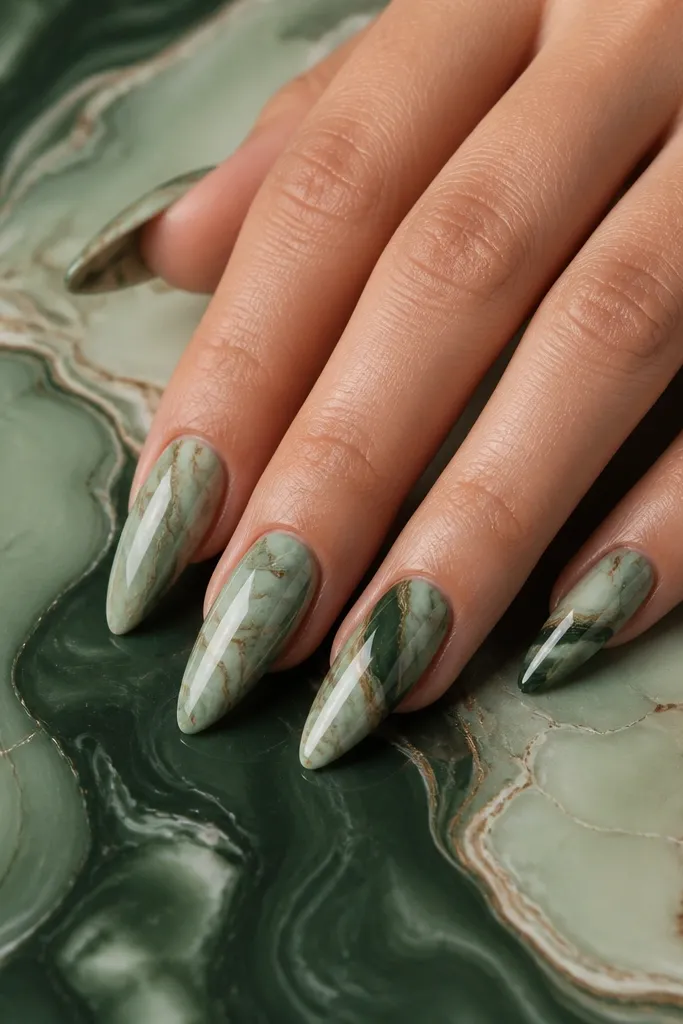 Long almond nails with a marbled background in sage and deep green. Thin warm beige and cocoa lines run through the marble like stone veins. The finish is glossy and reflective.