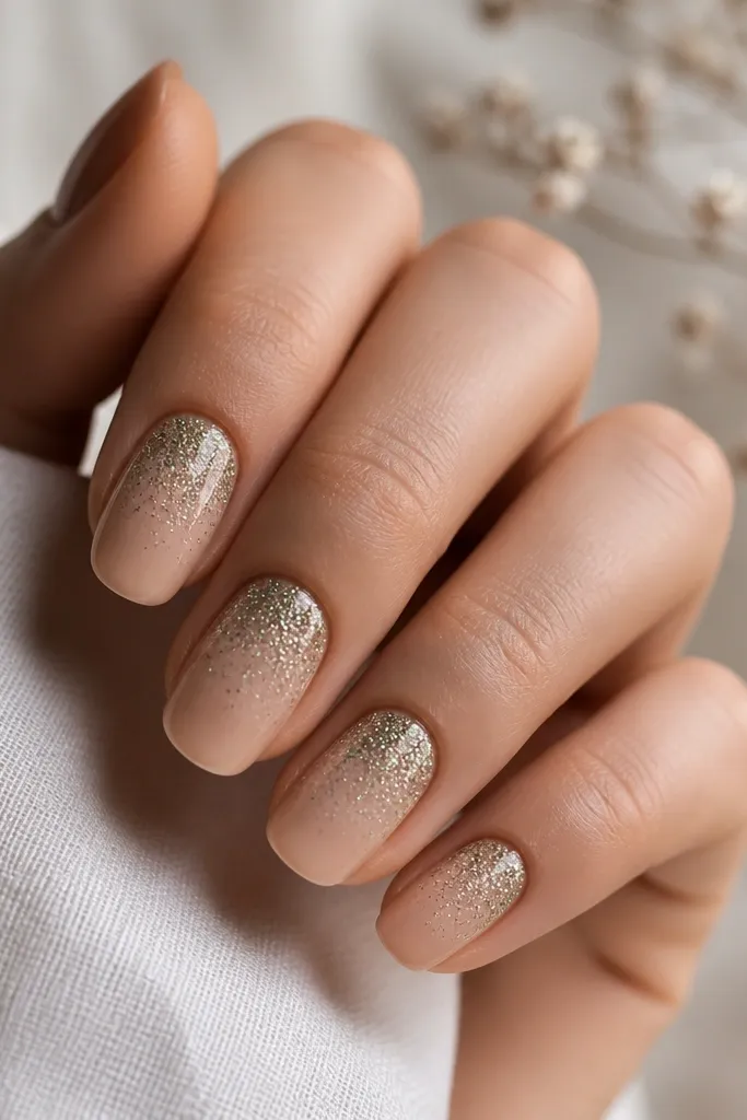 Medium nails with a nude base. Glitter fades from the cuticle area down toward the center, with sage green sparkles that get denser near the top and lighter toward the tip. The tips stay mostly nude.