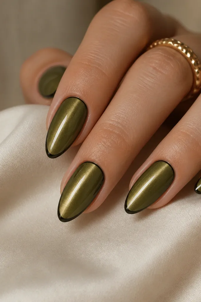 Almond nails painted olive cat-eye gel. A thin cocoa-brown outline runs around the nail tip area like a rounded frame. The cat-eye line is centered and glossy, and the outline is crisp.