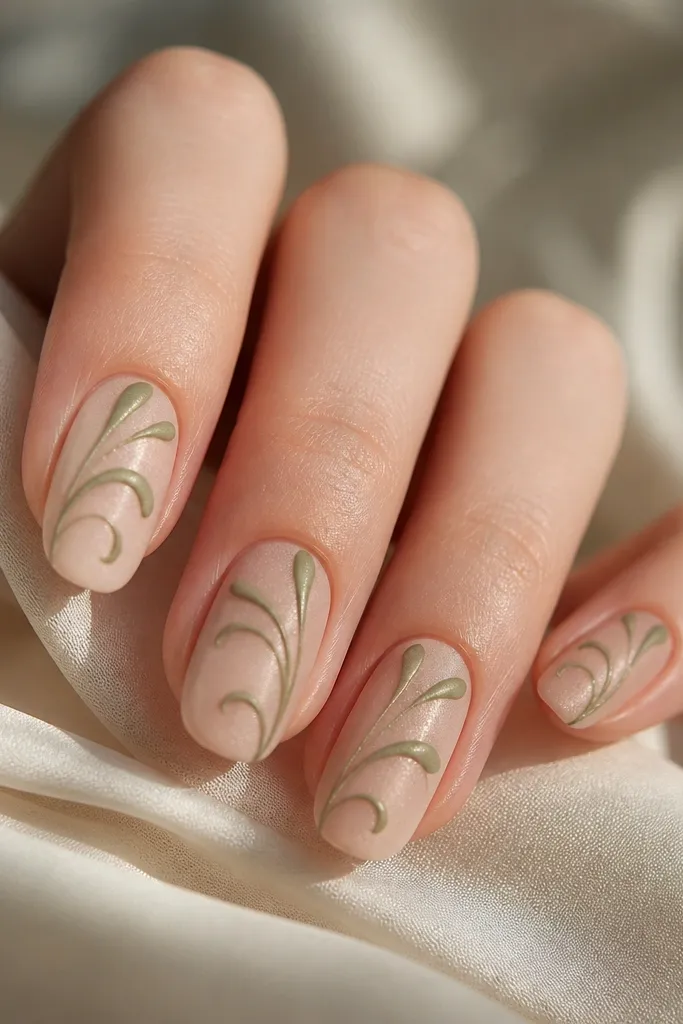 Nails with a nude base and a soft velvet finish. On each nail, a few loose green swirls start near the cuticle and curve outward. The swirls are slightly raised-looking because of the textured top coat effect.