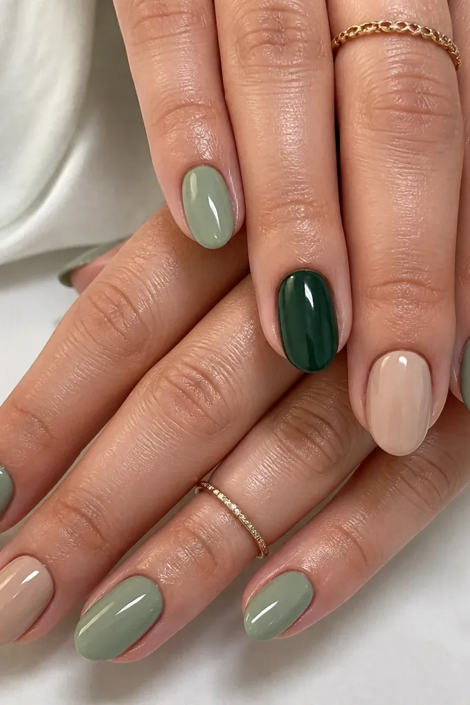 A set where most nails are sage green, one nail per hand is deep pine green, and the rest are nude accents. The pattern looks intentional like a skittle, with clean edges and glossy finish.