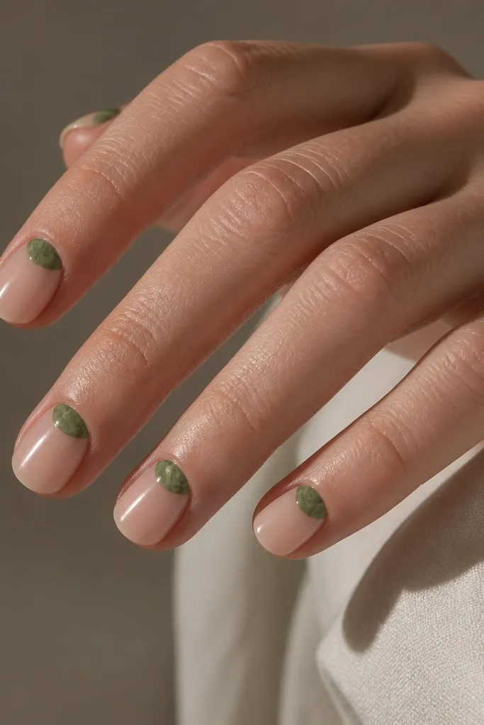 Short rounded nails with a sheer nude base. Near the cuticle, there are olive half-moon shapes that look marbled with lighter sage streaks. The marbling is subtle, and the nails are glossy.