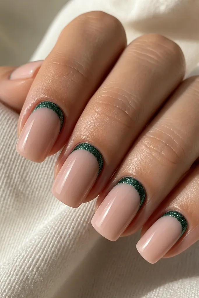 Medium squoval nails with a nude base. Around the cuticle, there is a halo of deep pine green glitter shaped like a crescent. The rest of the nail is plain and glossy.