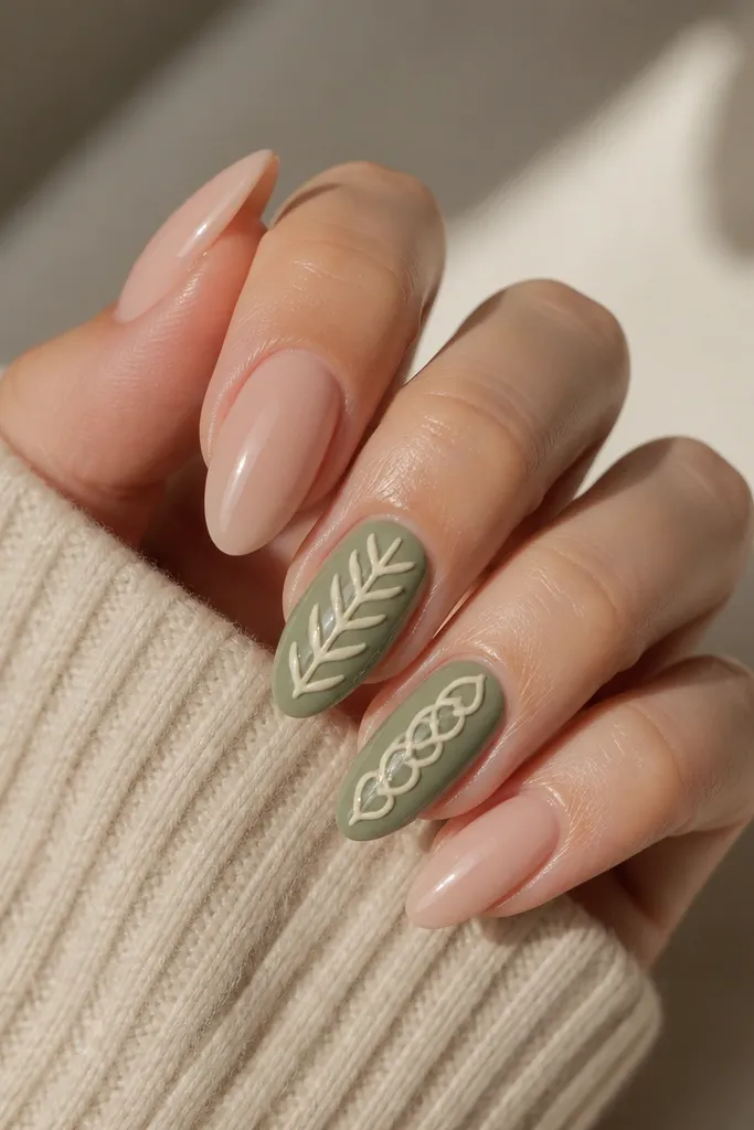 Almond nails with a deep sage green base on two accent nails. The other nails are nude. On the sage accent nails, cream gel forms cable knit lines: stacked curves and twist-like patterns near the center. Everything is glossy.