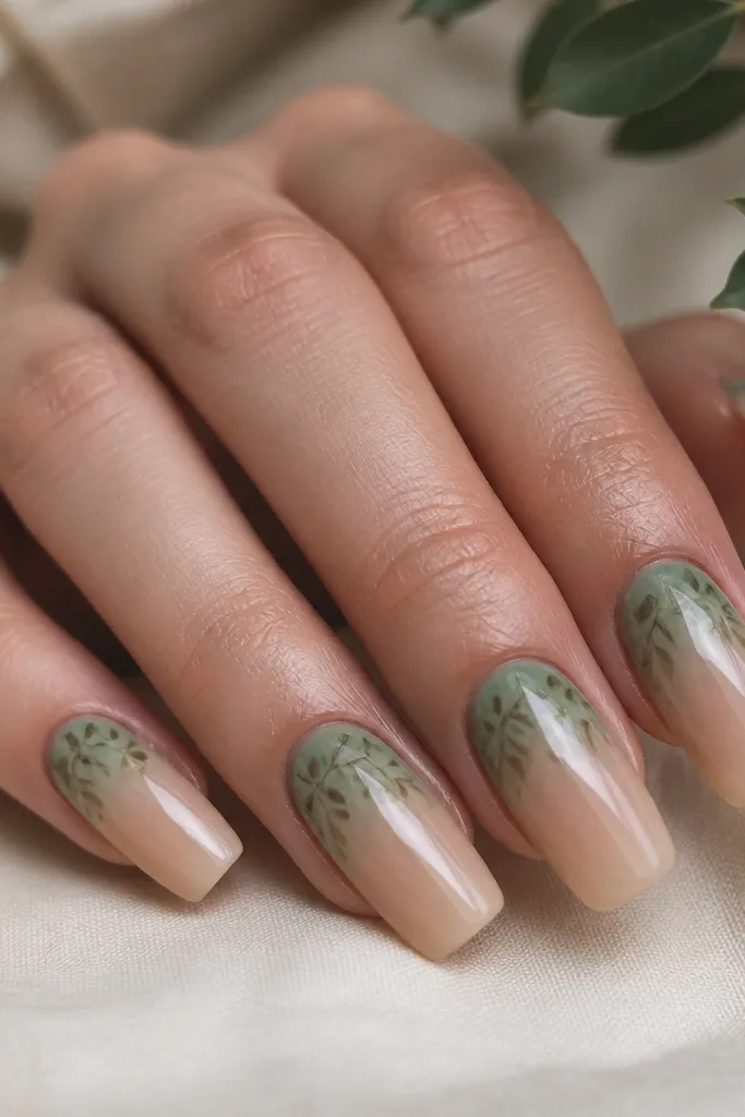 Long squoval nails with a soft ombre from nude at the tip into sage green near the cuticle. Over the green area, there are small leaf silhouettes with thin brown veins. The leaves look like they're printed over the ombre, with a glossy finish.