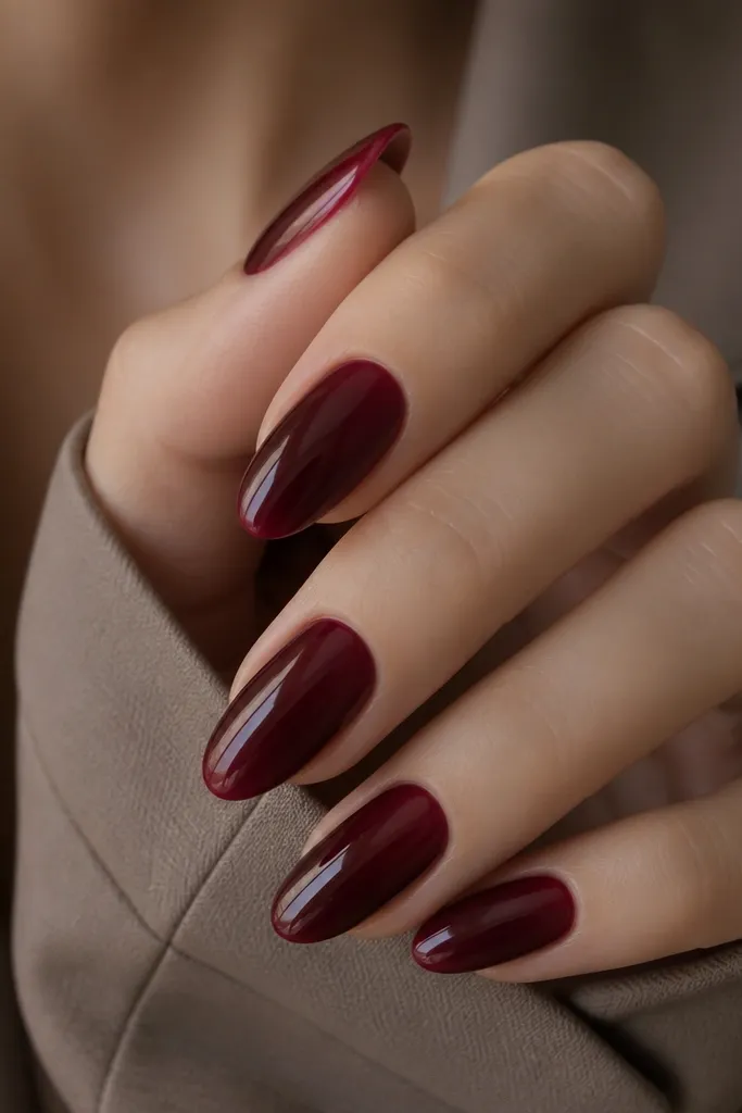 Medium-length almond nails painted oxblood red on the main nail, with a thin lighter maroon halo outline around the center area and glossy finish; the halo looks like a soft glow ring rather than a hard line.