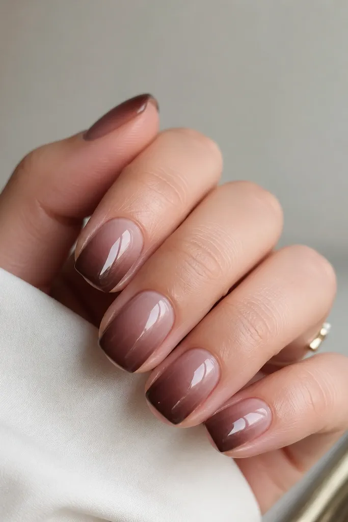Short squoval nails with a gradient from near-clear at the cuticle to smoked cocoa brown toward the tip; the center blends smoothly and the top coat is mirror-gloss.