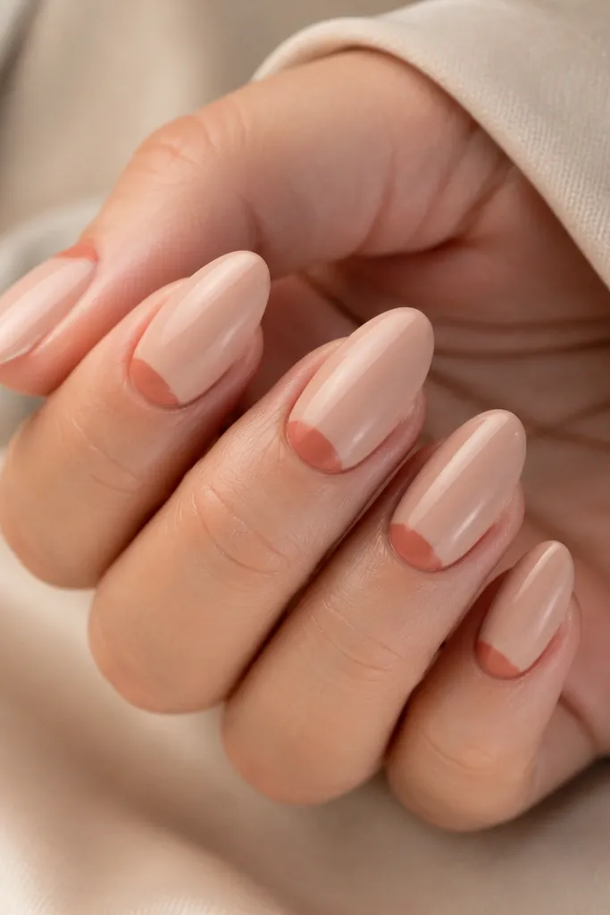 Medium almond nails with negative space near the cuticle, a terracotta clay half-moon in a clean arc, and a glossy nude rest of the nail.