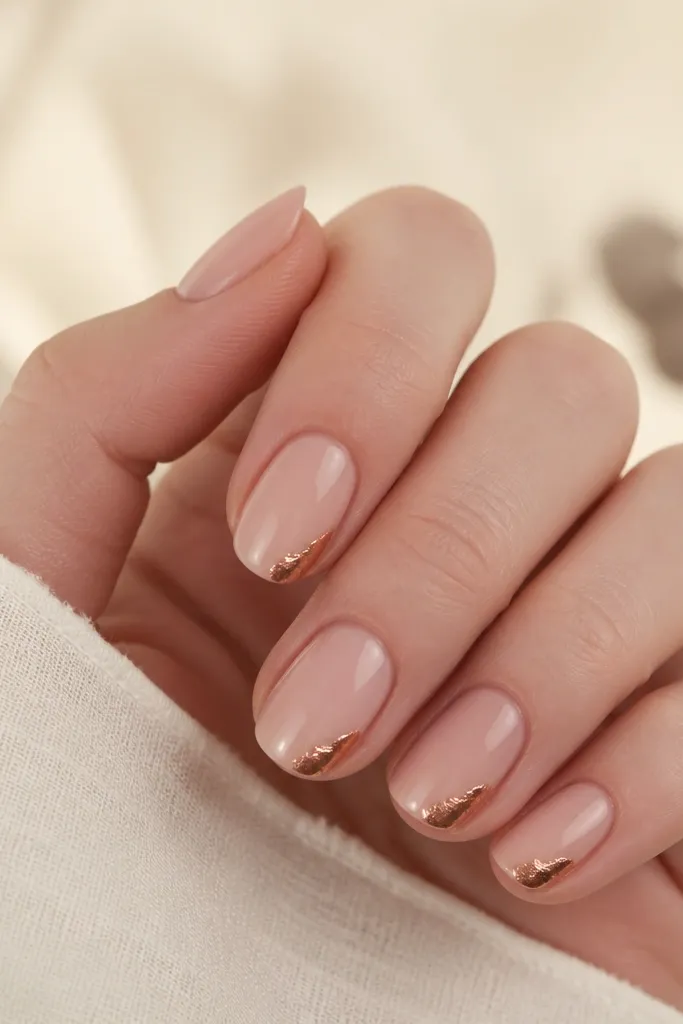 Nude sheer nails with copper foil placed only in the bottom corners near the sidewalls; the foil has jagged edges and the rest is glossy and clean.