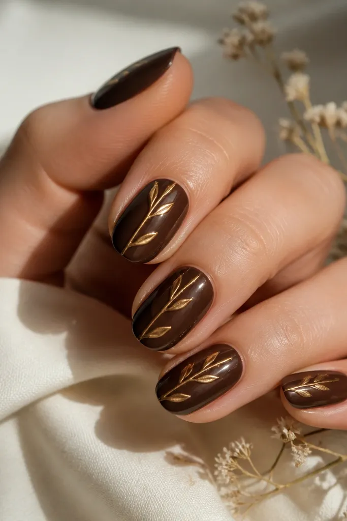 Dark chocolate brown nails with thin gold leaf vein lines running diagonally from near the cuticle toward the tip; high gloss finish makes the gold look metallic.