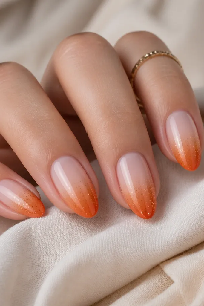 Short almond nails with an ombre from sheer nude at cuticle to pumpkin orange at the tip; a micro-glitter fade sits only in the lower half, all under a glossy top coat.