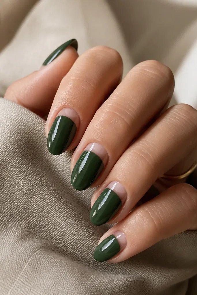 Medium almond nails painted forest pine green, with a clear transparent gel band across the cuticle area like a glass stripe; glossy finish throughout.