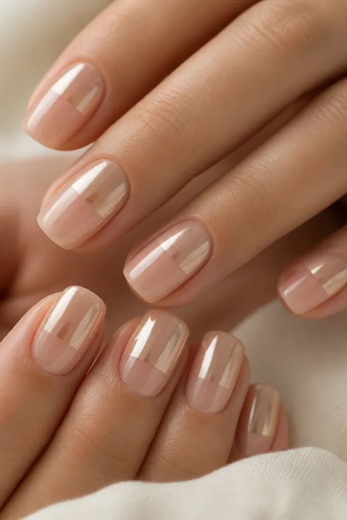 Nude nails with a champagne chrome half-overlay that covers the top half of each nail, leaving the bottom half sheer; reflective chrome finish and glossy top coat.