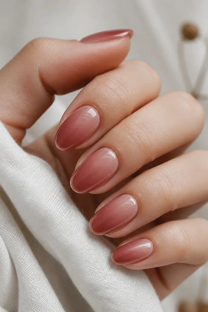 Short almond nails with a dusty rusty rose fade from cuticle to tip; a thin clear outline border sits near the perimeter of each nail under a glossy coat.