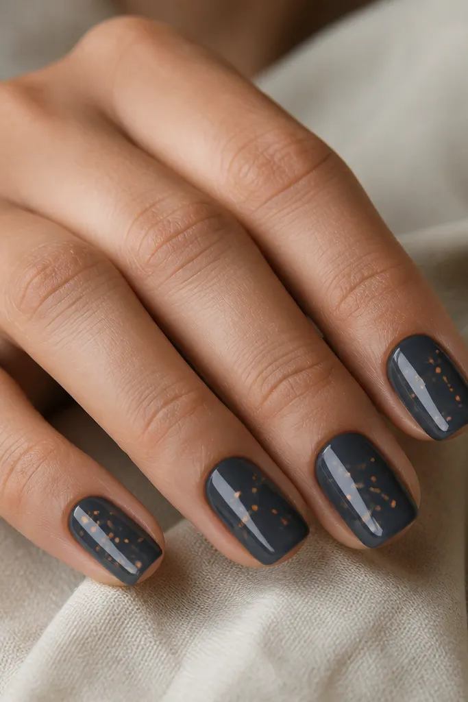 Charcoal grey nails with scattered tiny burnt orange dots arranged like a constellation across the nail; glossy finish and sharp dot edges.