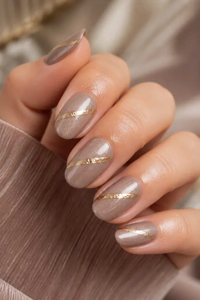 Taupe shimmer nails with a single diagonal gold foil strip running from lower left to upper right across each nail; glossy finish with smooth foil encapsulation.