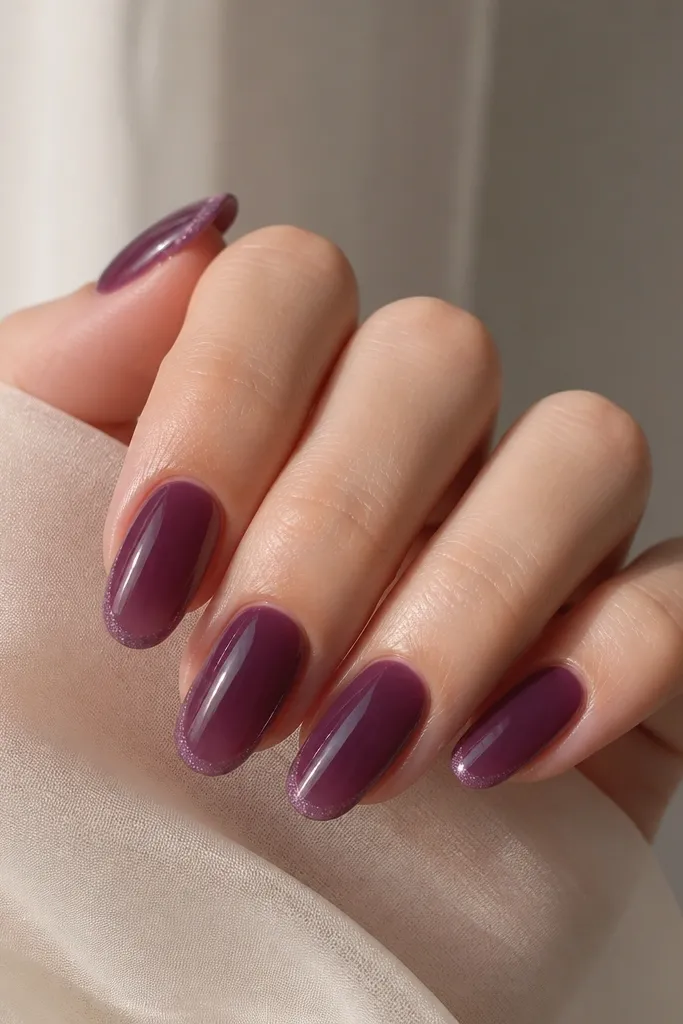 Jelly-like plum nails with a translucent finish; around the tip there's a tonal glitter rim in a slightly lighter plum, and the whole set is glossy.