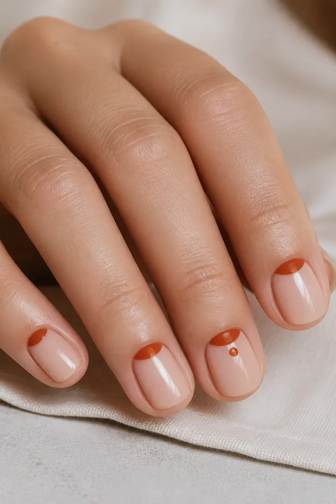 Four short nails with a sheer nude base. The cuticle area has a burnt orange half-moon on each nail, clean and slightly arched. One accent nail has a larger half-moon and a tiny dot in the center.