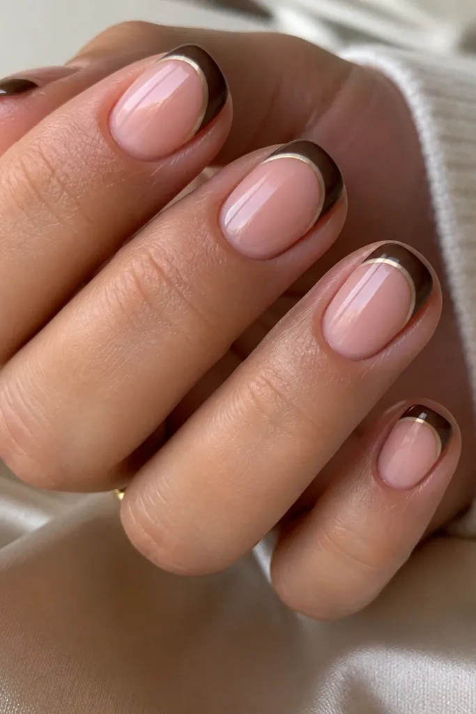 Short nails with a sheer pink base. The tips are painted chocolate brown in a French style. Inside each tip, there's a thin curved caramel line like a smile, and the final top coat is glossy.