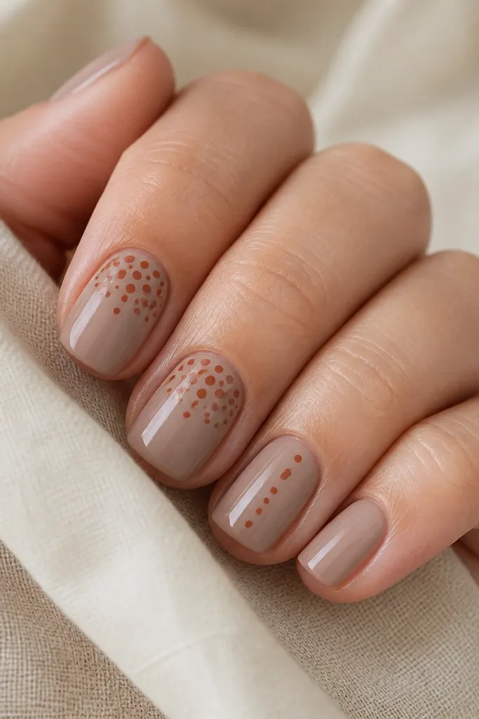 Short nails with a warm taupe base. Two nails have scattered terracotta dots clustered near the cuticle and tapering downward. Another nail has a single vertical dot trail, like leaves drifting.