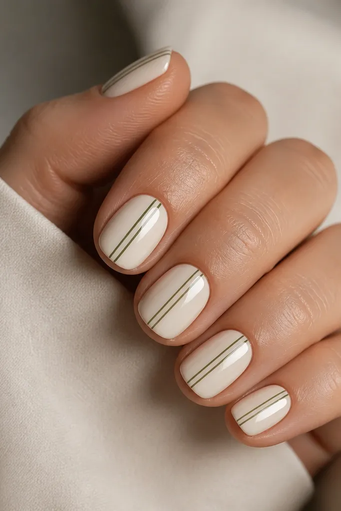 Short nails with a creamy off-white base. Each nail has two thin olive green vertical micro-stripes near the center and one stripe offset on the ring finger. The look is glossy and minimal.