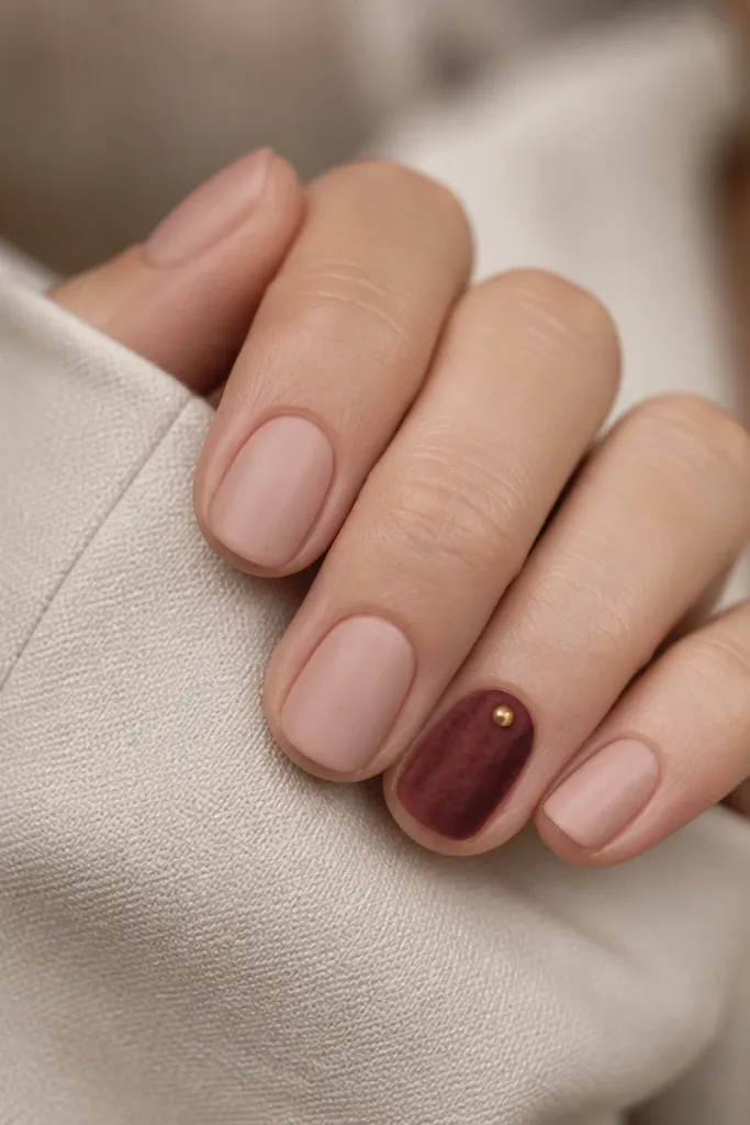 Short nails with a matte sheer nude base. The accent nail has a deep burgundy velvet-effect finish that looks soft and slightly fuzzy, with a single tiny gold dot near the cuticle on the ring finger.