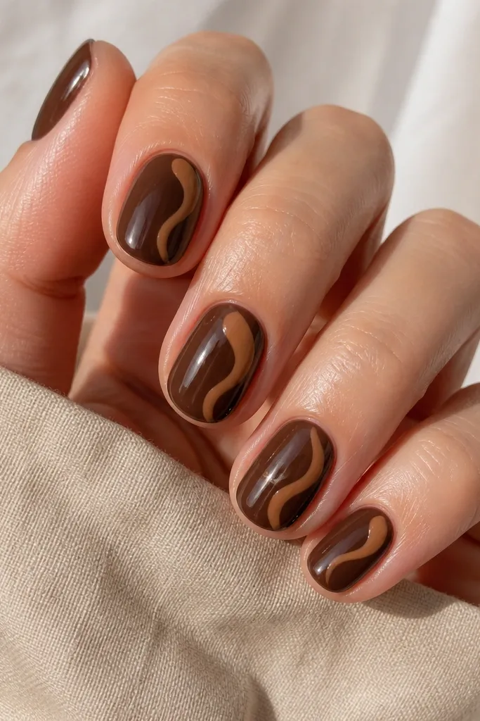 Short nails with a glossy cocoa-brown base. Each nail has a single caramel swirl starting near the cuticle and curling toward the side. One nail has a thicker swirl and a tiny star-shaped sparkle.