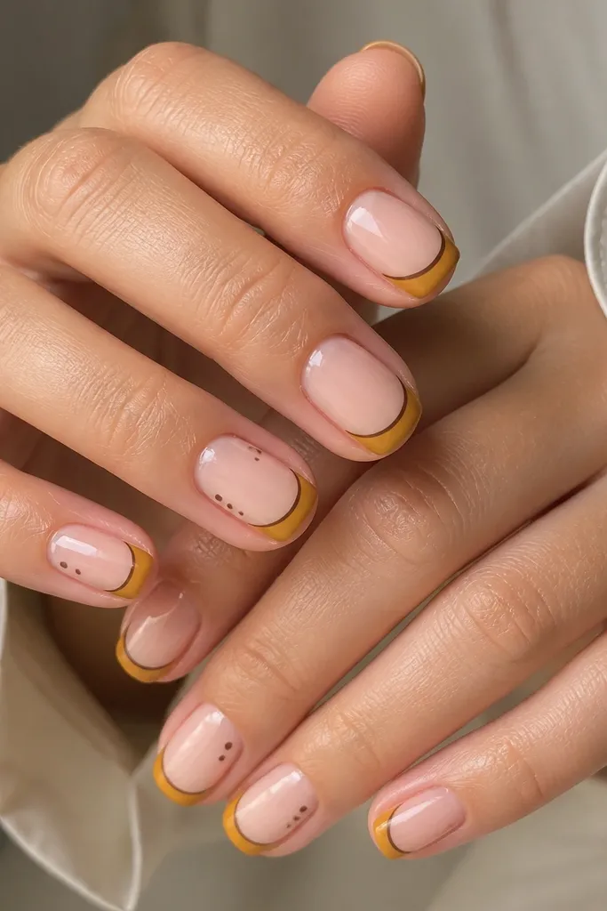 Short nails with a sheer nude base. The tips are filled mustard yellow. A thin chocolate-brown outline traces the tip curve, and the accent nails have one extra dot at the side.