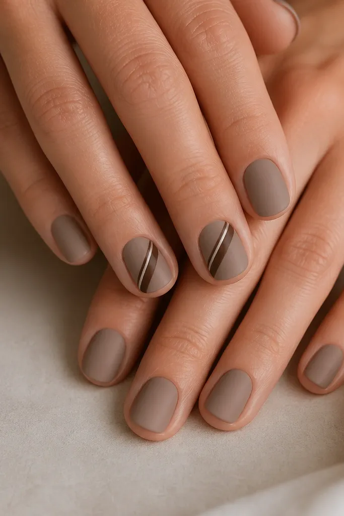 Short nails in a matte taupe. Two nails have a single diagonal burnt umber band from lower left to upper right. The diagonal band has a tiny lighter taupe highlight line along one edge.