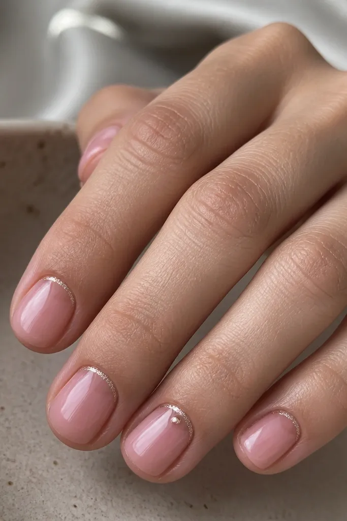 Short nails with a sheer rose base. A copper glitter polish frames the cuticle in a thin arc on each nail. One nail has a small copper dot at the center of the frame.