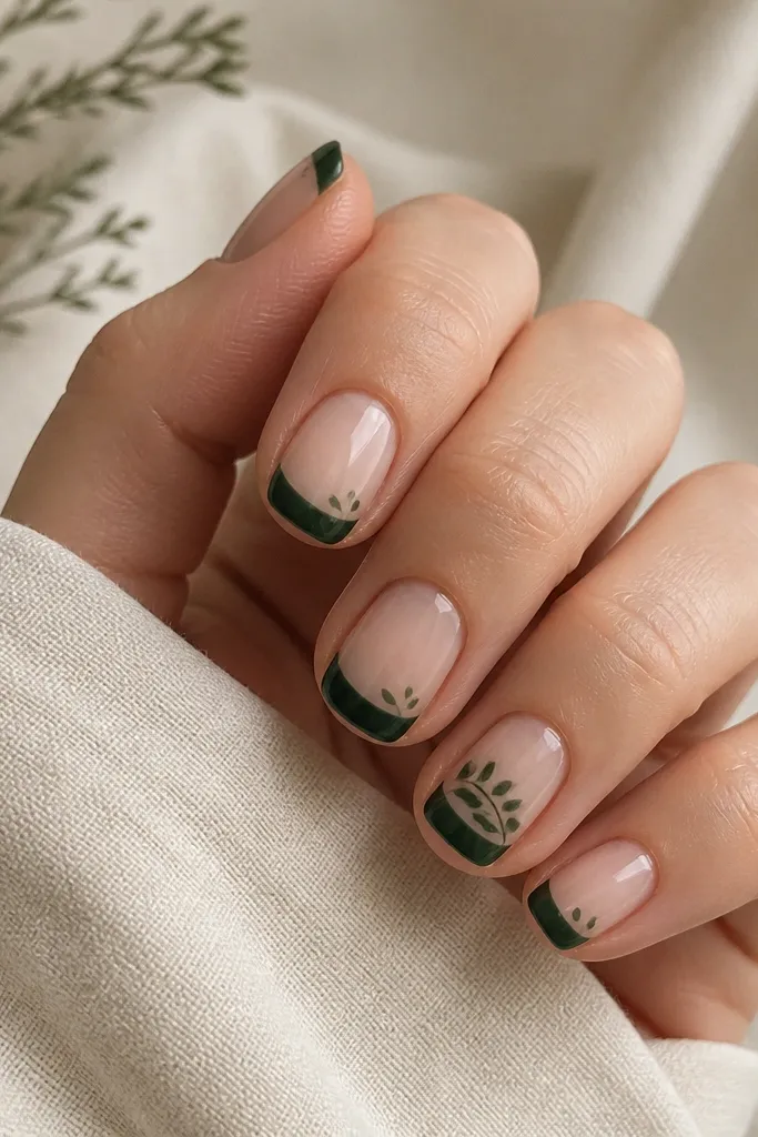 Short nails with a sheer nude base. Most nails have a forest green tip with tiny leaf-like marks stamped or dotted near the outer tip edge. One accent nail has a fuller leaf cluster near the cuticle.