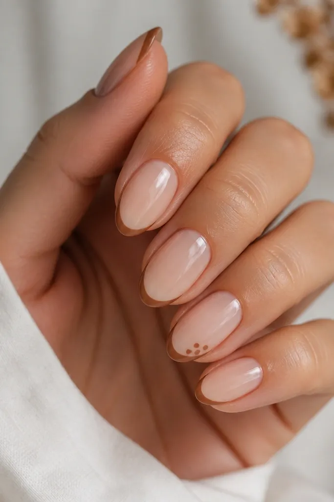 A set of short almond acrylic nails in warm nude. The tips have a thin micro-French line in cinnamon brown, with a glossy clear topcoat. One ring finger shows a tiny dot cluster in caramel near the tip.