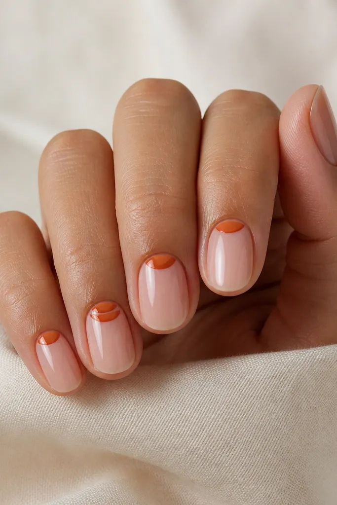 Nude acrylic nails with a clean, rounded shape. Each nail has a burnt orange half-moon near the cuticle on the side, with the rest left nude and glossy. The ring finger has two half-moons stacked slightly offset.