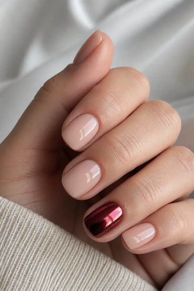 Short square acrylic nails. Nine nails are sheer nude glossy. One ring finger is deep wine with a mirror-like chrome finish, reflecting light. The chrome catches bright highlights; the other nails stay simple and clean.