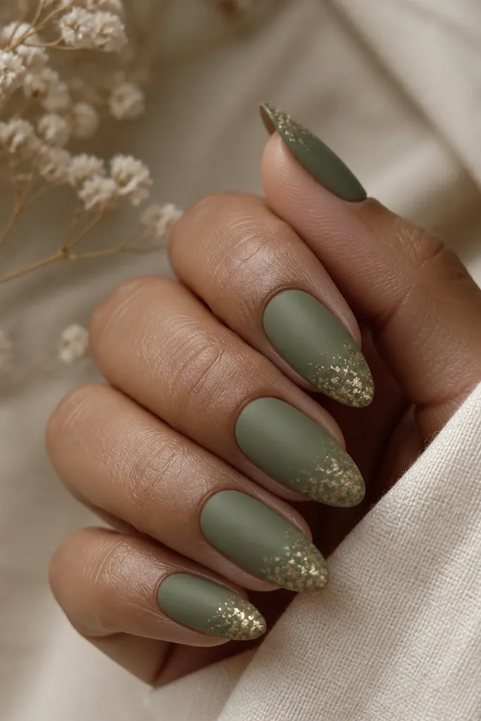 Medium almond nails in muted olive green with a matte velvet finish. Each nail has tiny irregular gold flecks concentrated near the tip. The gold is subtle, not glittery, and the nails look soft and matte.