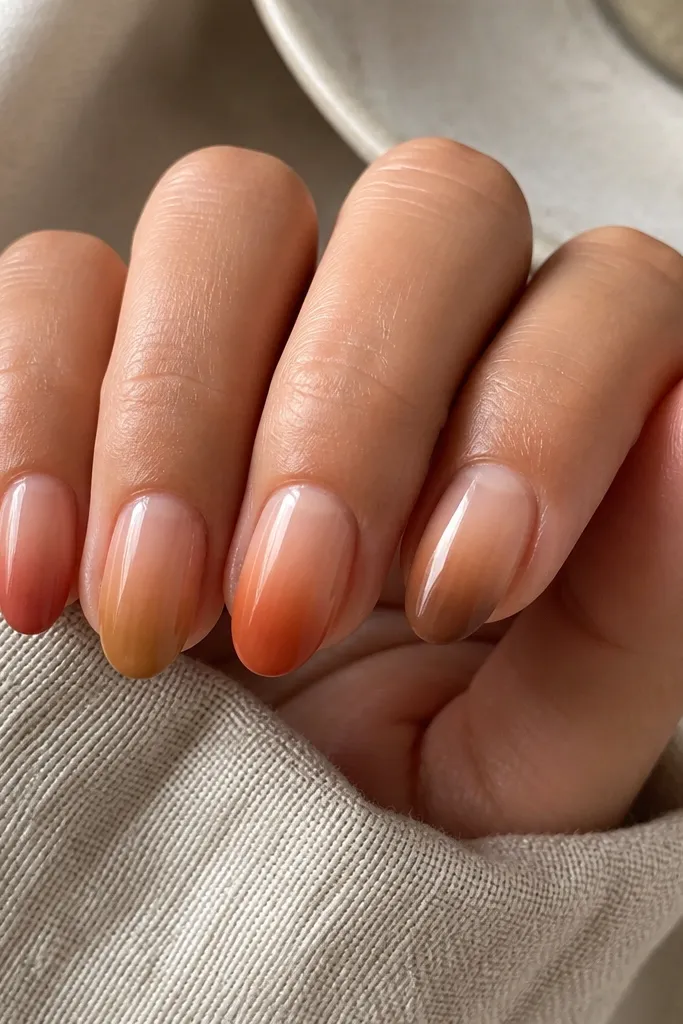 Short almond nails with a nude base. Each nail has a terracotta-derived tip fade in a different warm shade: terracotta, caramel, burnt orange, and cocoa brown. The fades blend smoothly from tip upward with no hard line.
