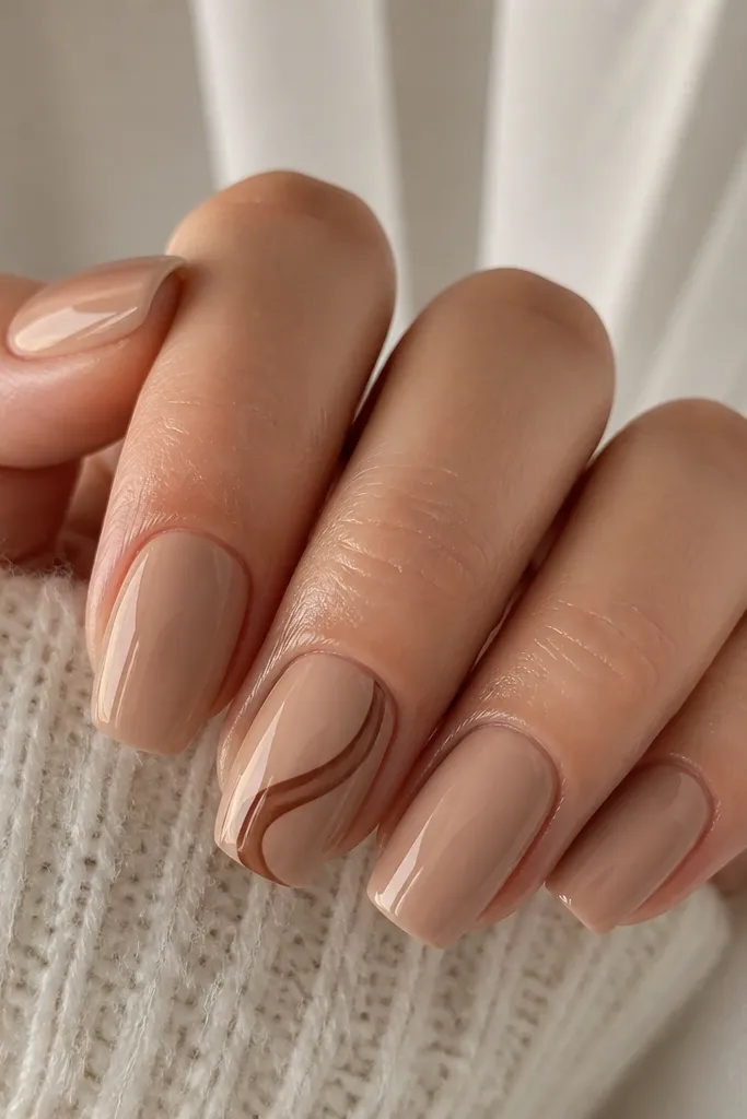 Glazed nude nails in a short coffin shape. Two nails have simple glossy nude. One nail has a thin chocolate-brown swirl across the center, like a ribbon. The swirl has a glossy finish and crisp edges.