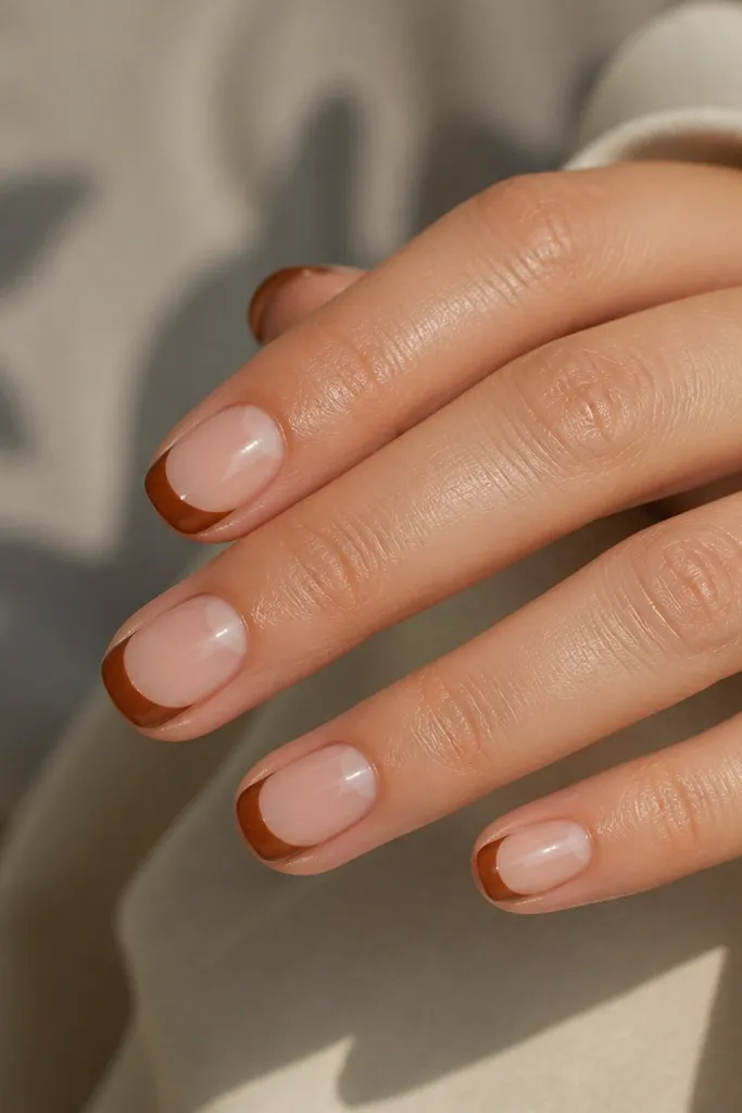 Short rounded nails with a nude base. A rusty copper-brown French tip runs along the edge, while the area right at the cuticle stays clear, creating a clean gap. The overall finish is glossy and sharp.
