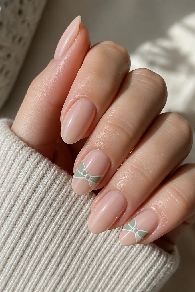 Nude glossy nails with one or two accent nails. On the accent nails, a diagonal sage green band crosses the center and forms a small bow-tie shape near the middle, outlined with a thin white line. The rest of the nails stay nude.