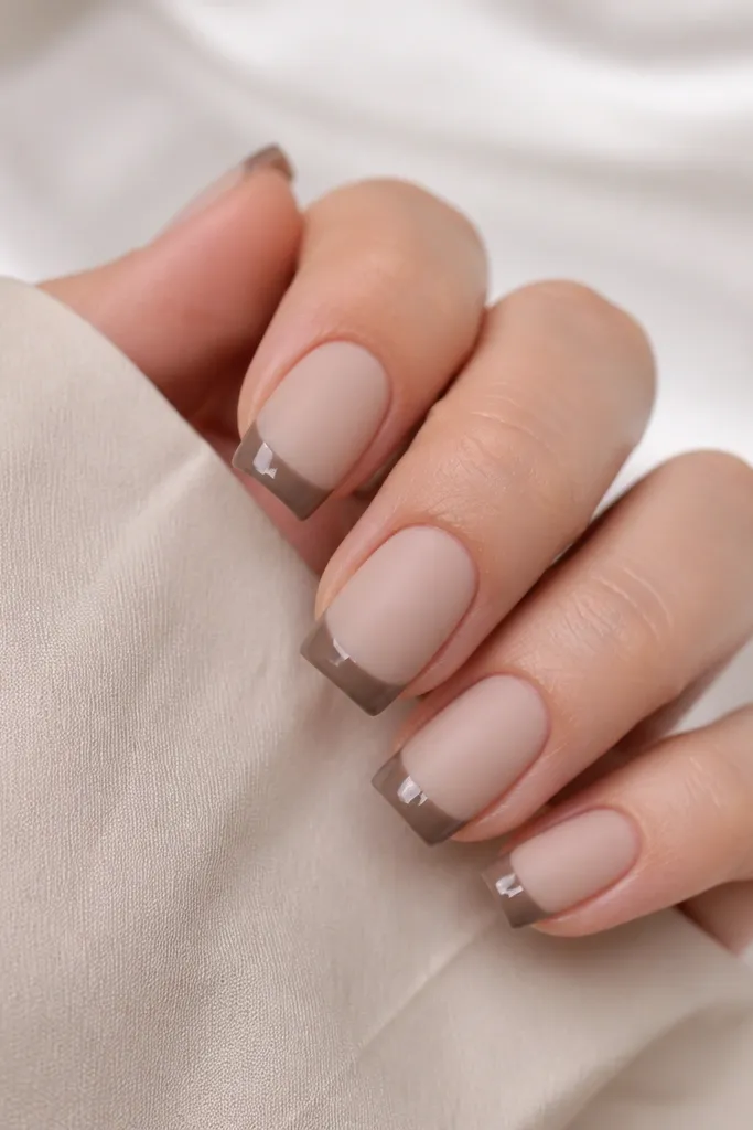 Medium square nails with a matte milky beige base. The French tips are smoky taupe gray-brown, glossy only on the tips. The matte base diffuses light, while the tips shine sharply.
