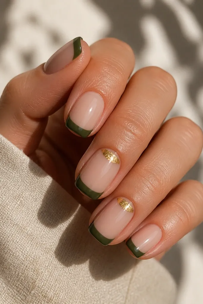 Short squoval nails with a sheer nude base. The French tips are forest green and glossy. At the smile line, there are tiny irregular gold leaf half-moons on two nails, with the leaf catching light.