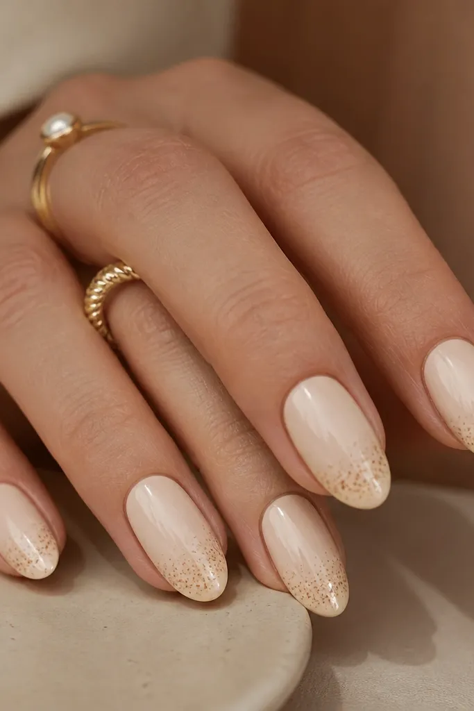 Medium oval nails with a creamy beige base. The French tips are clean and glossy in a lighter cream, then over the tips there are tiny cinnamon-brown speckles like spice dust. The speckles fade toward the corners.