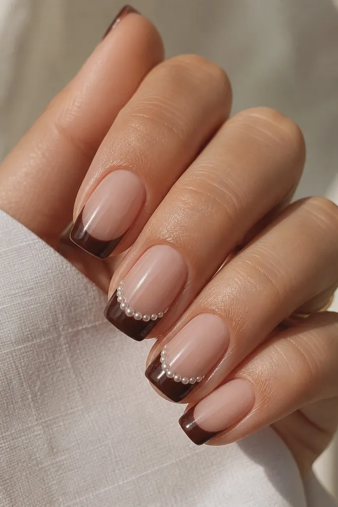 Medium squoval nails. The base is sheer nude and glossy. The French tips are chocolate brown, glossy and solid. On two nails, there are tiny flat-back pearl dots placed in a line following the smile curve.